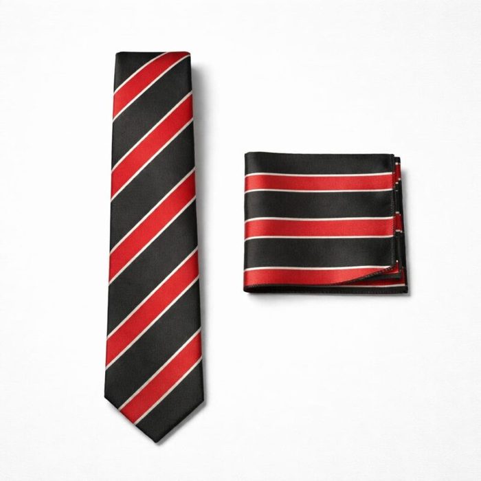 Classic Striped Tie & Pocket Square Set For Men –  Black & Red