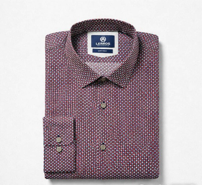 Lerros Men’s Micro Geometric Print Multi-Color Long Sleeve Dress Shirt – Red/Navy/White
