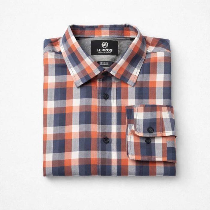 Lerros Men’s Plaid Long Sleeve Shirt – Orange/Navy Blue/White