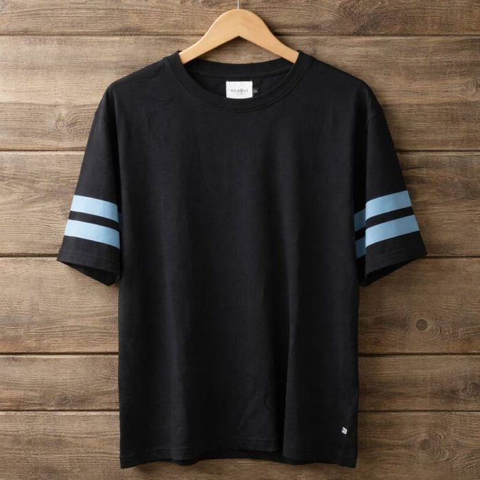 Marque Mens Varsity Stripes Crew Neck T Shirt Black