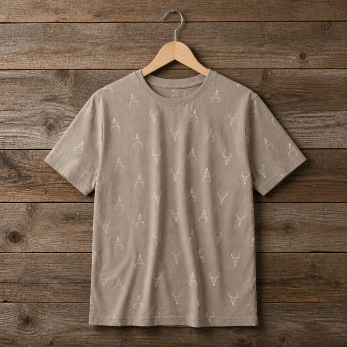 Mens All Over Bull Skull Print Crew Neck Short Sleeve T Shirt Taupe