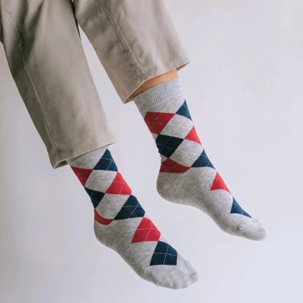 Men’s Argyle Crew Socks – Light Grey/Red/Navy Blue — image 1