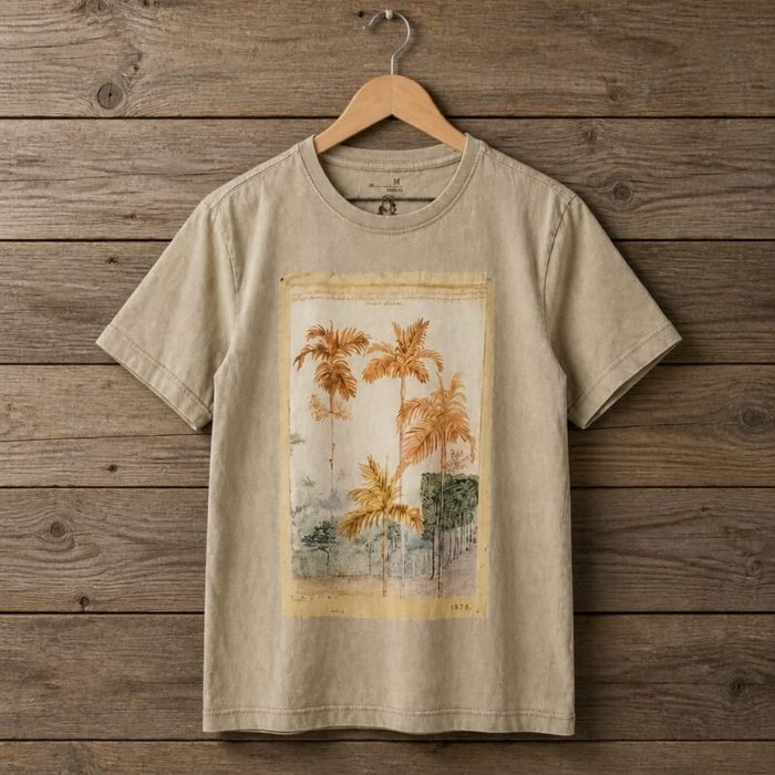 Mens Artistic Style Vintage Palm Illustration Graphic T Shirt Beige