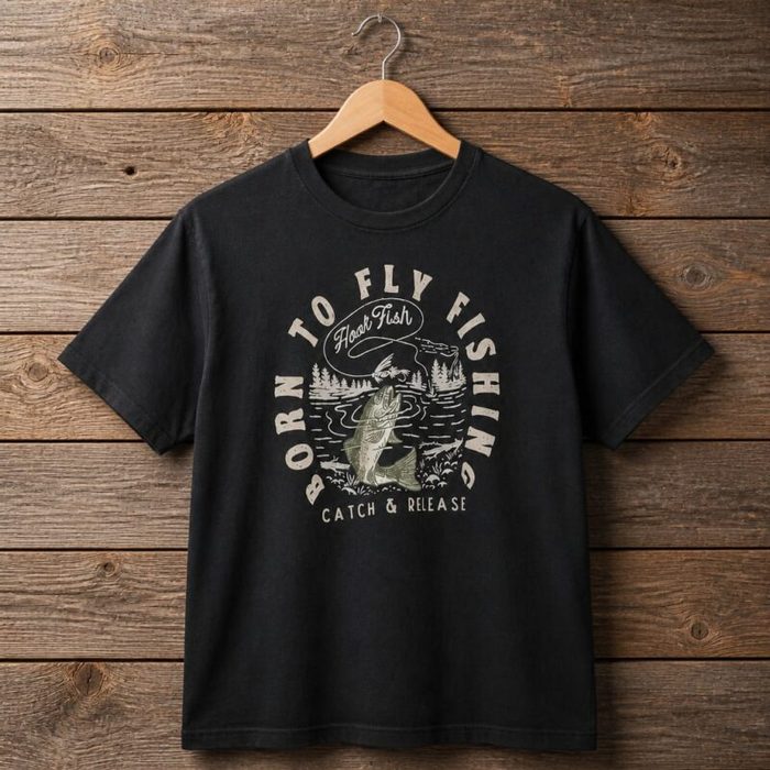 Mens Born to Fly Fishing Vintage Graphic T Shirt Black