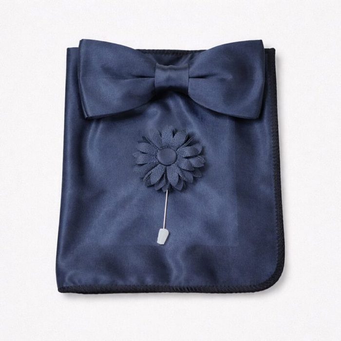 Men’s Bow Tie, Pocket Square & Lapel Flower Set – Navy Blue