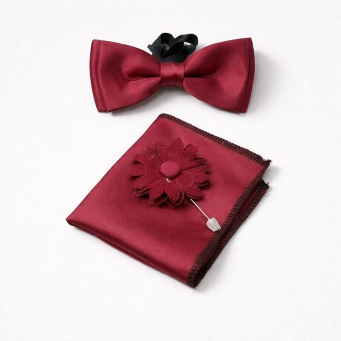 Men’s Bow Tie Set, Pocket Square & Floral Lapel Pin – Burgundy — image 1