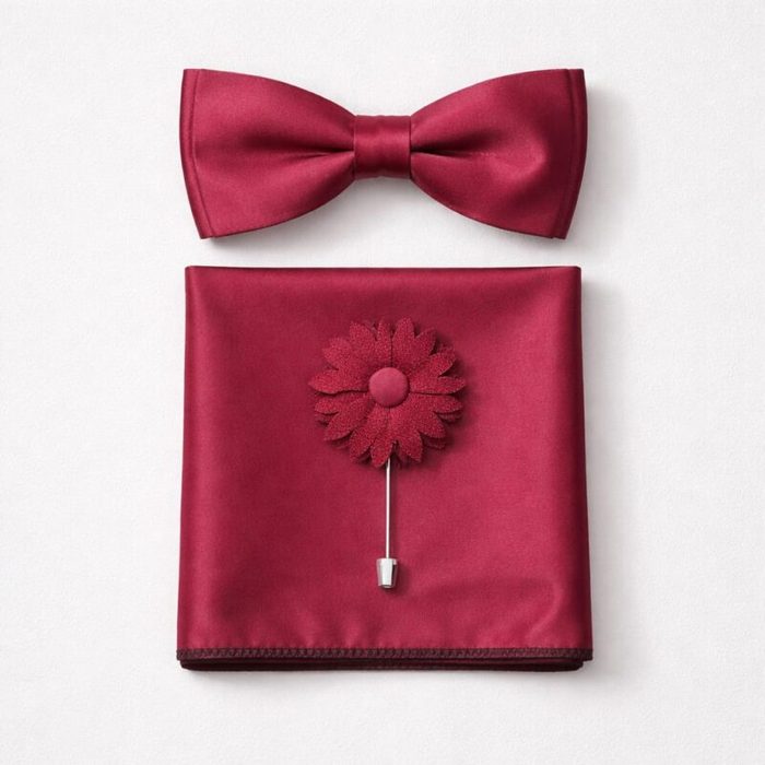 Mens Bow Tie Set with Pocket Square Floral Lapel Pin Burgundy