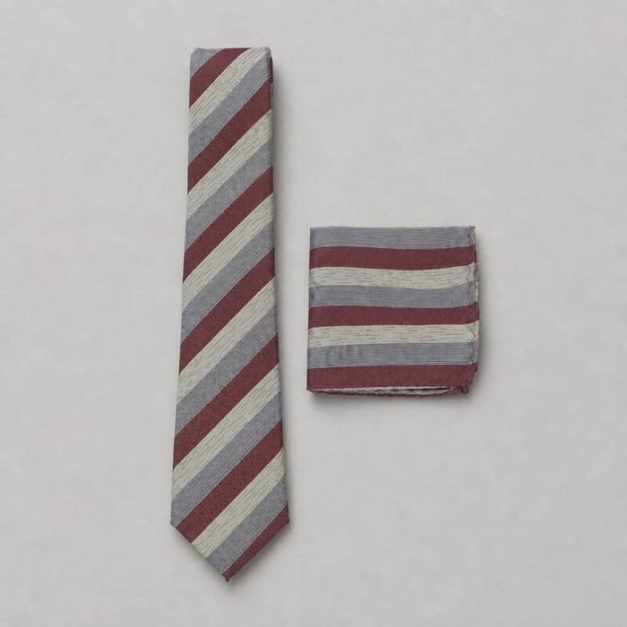 Men’s Diagonal Striped Neck Tie with Matching Pocket Square – Burgundy/White/Grey