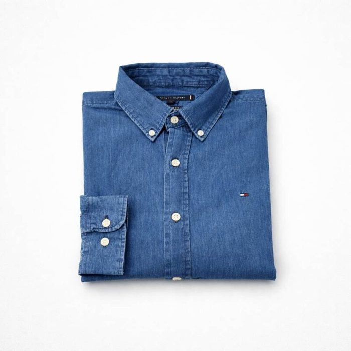 Mens Classic Denim Button Down Long Sleeve Shirt Blue