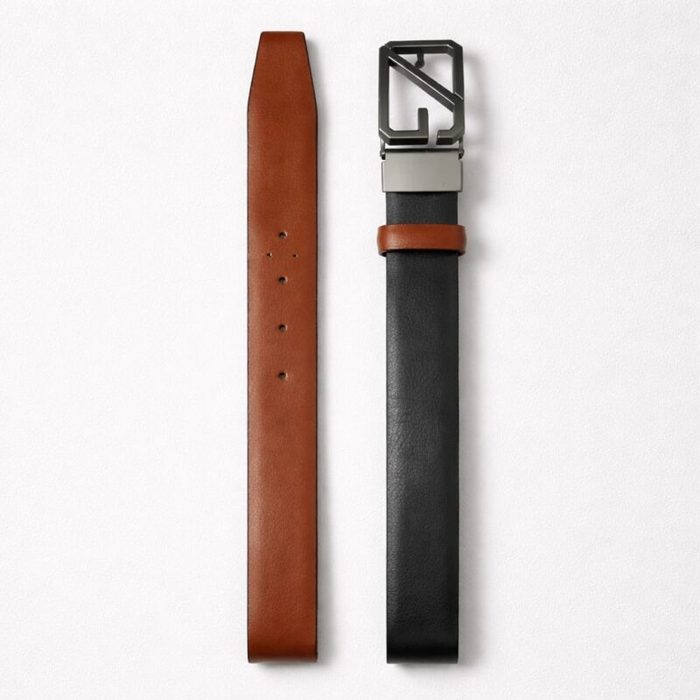 Men’s Classic Dual Tone Geometric Buckle Leather Belt  – Black/Brown — image 1