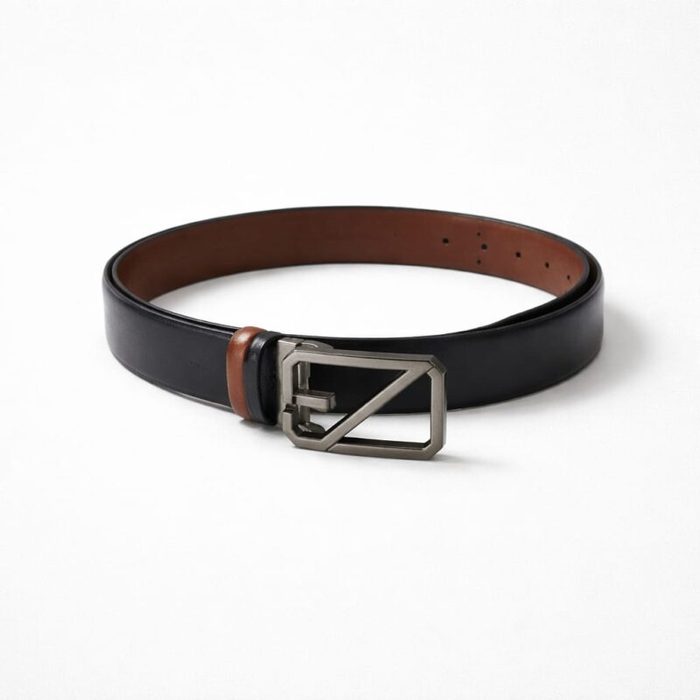 Men’s Classic Dual Tone Geometric Buckle Leather Belt  – Black/Brown — image 3