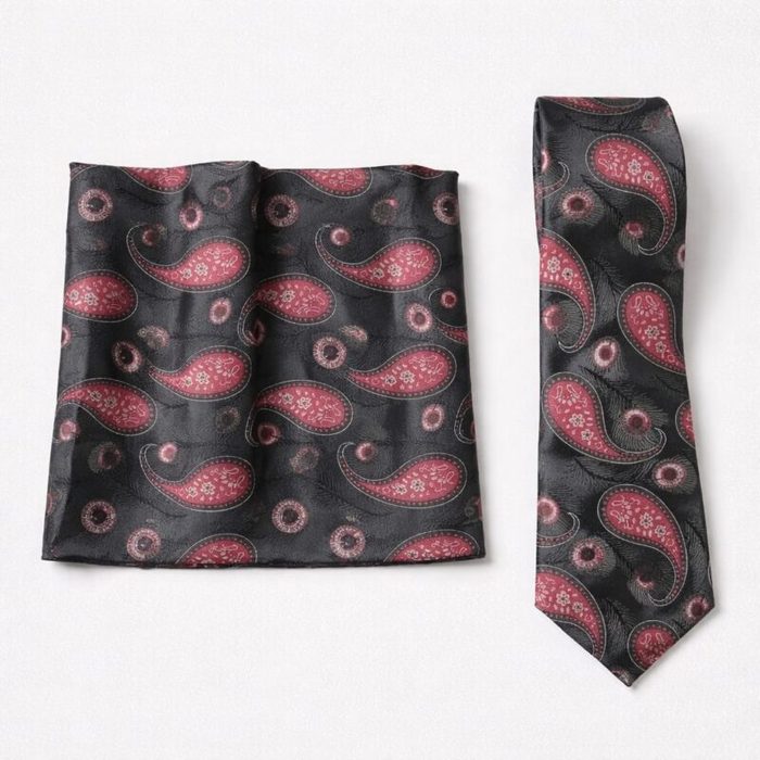 Mens Classic Paisley Tie Pocket Square Set Black Red Paisley