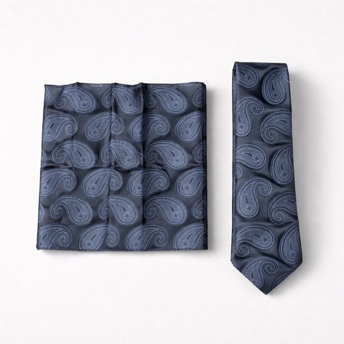 Mens Classic Paisley Tie Pocket Square Set Charcoal Grey Light Blue