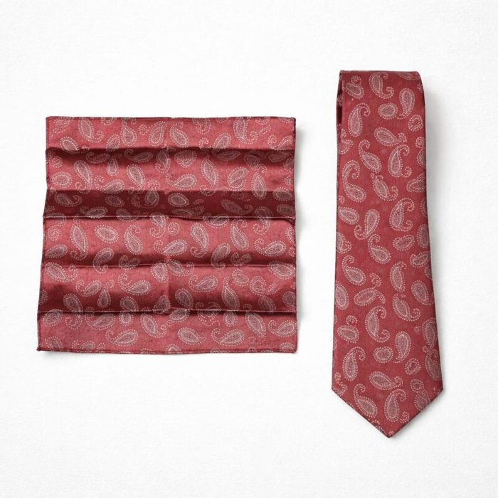 Mens Classic Paisley Tie Pocket Square Set Rose Red White