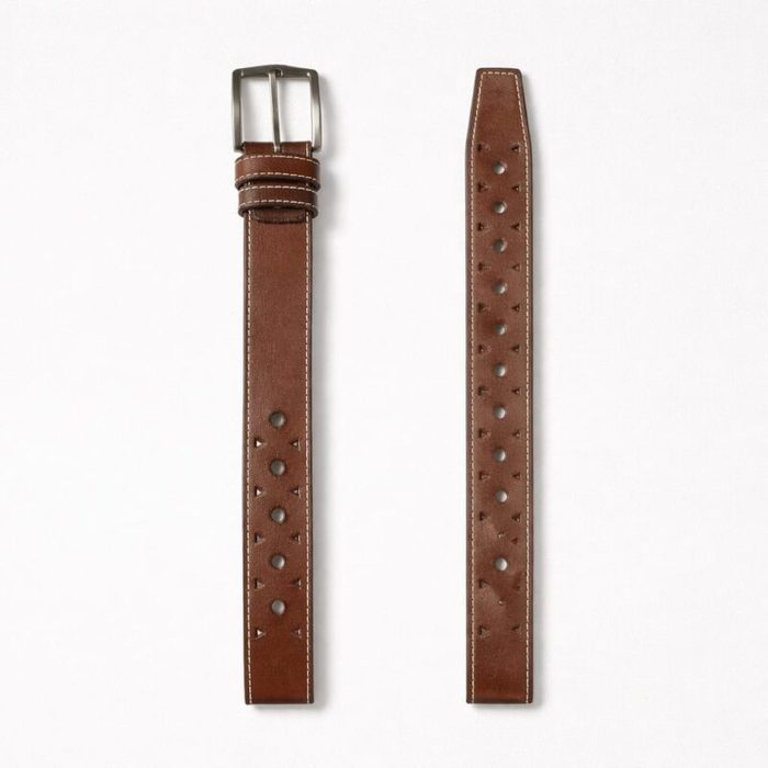 Men’s Classic Perforated Double Keeper Leather Buckle Belt – Brown — image 1