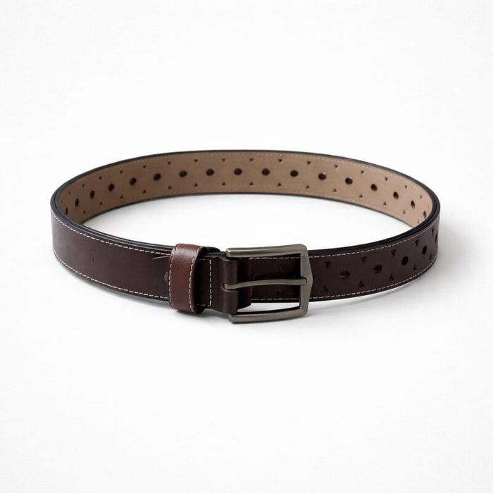 Men’s Classic Perforated Double Keeper Leather Buckle Belt – Brown