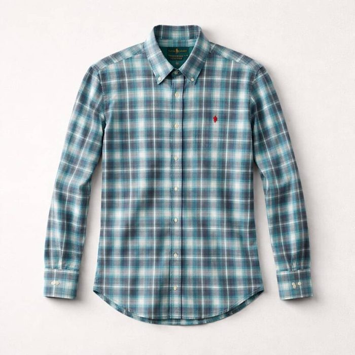 Men’s Classic Plaid Poplin Embroidered Long Sleeve Shirt – Torquise/Navy Blue/White — image 1