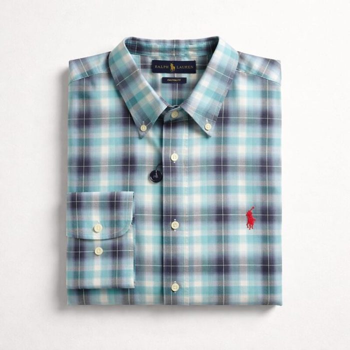Men’s Classic Plaid Poplin Embroidered Long Sleeve Shirt – Torquise/Navy Blue/White