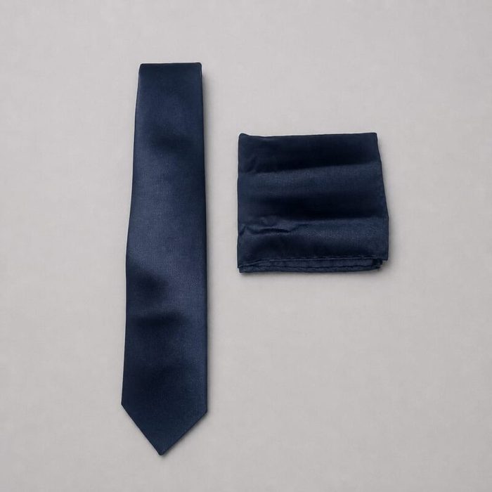 Men’s Classic Solid Tie with Pocket Square  – Navy Blue