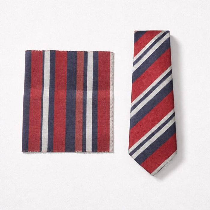 Mens Classic Striped Tie Pocket Square Set Red Navy Blue White