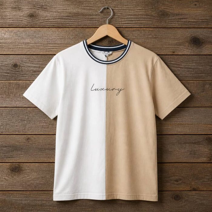 Men’s Color Block Crew Neck T-Shirt with Minimal Script Print – White / Beige — image 1