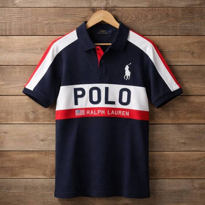 Men’s Color Block Elite Short Sleeve Polo Shirt – Navy Blue/White/Red