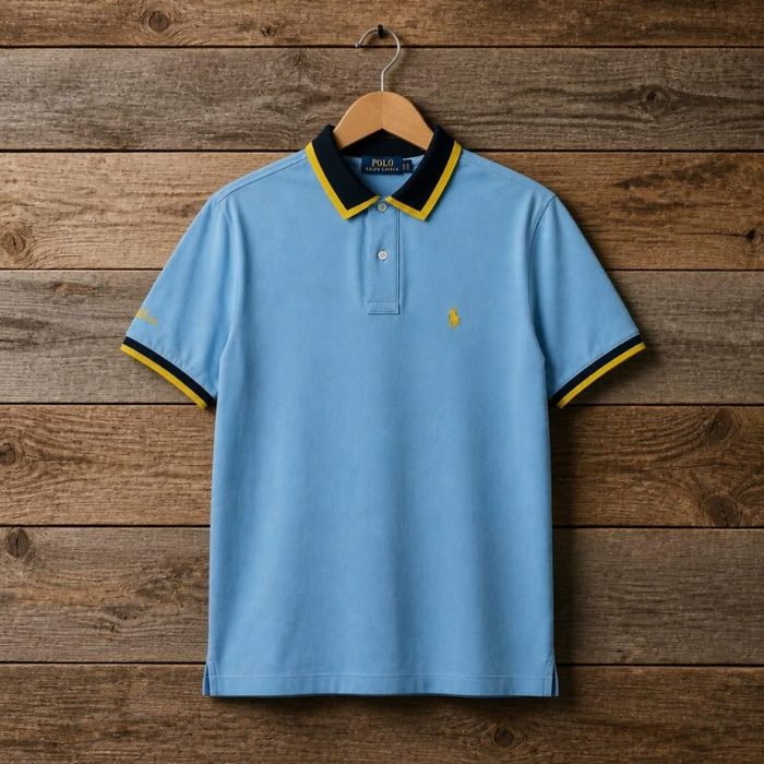 Men’s Contrast Collar Embroidered Polo Shirt – Sky Blue