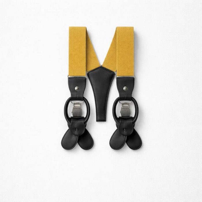 Mens Elastic Button Leather Tabs Ring Hardware Suspenders Mustard Yellow