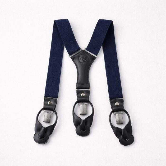 Mens Elastic Button Leather Tabs Ring Hardware Suspenders Navy Blue