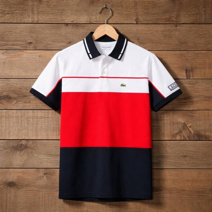 Men’s Embroidered Corc. Logo Color Block Polo Shirt – White/Navy Blue/Red — image 1