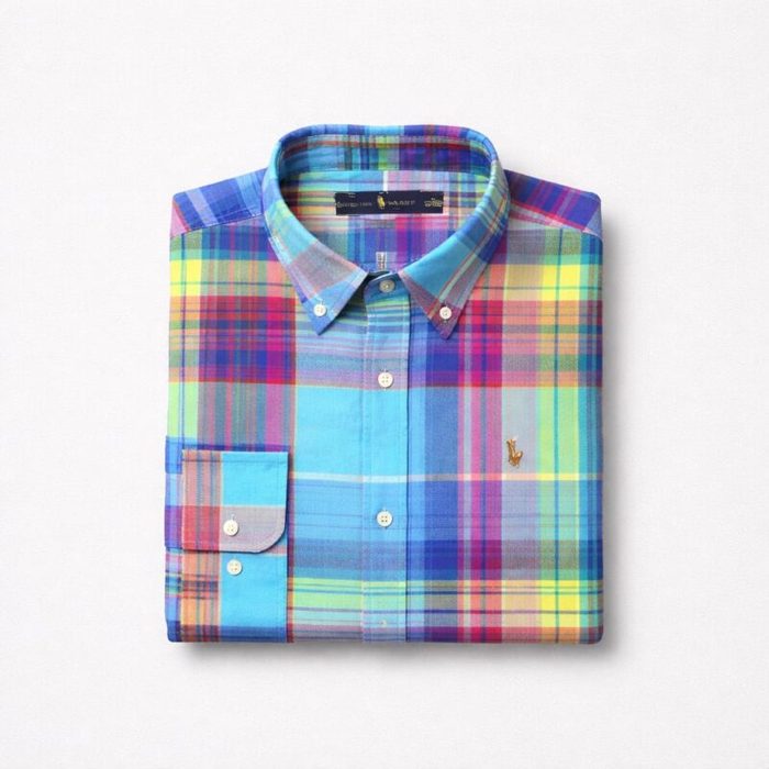 Men’s Embroidered Multi-color Plaid Long Sleeve Shirt – Turquoise/Pink Multi — image 1