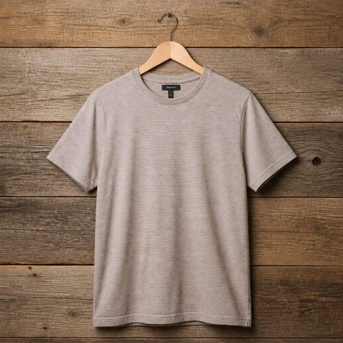 Mens Fine Stripe Crew Neck Cotton T Shirt Light Taupe