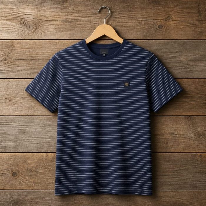 Mens Fine Stripe Crew Neck T Shirt Navy Blue