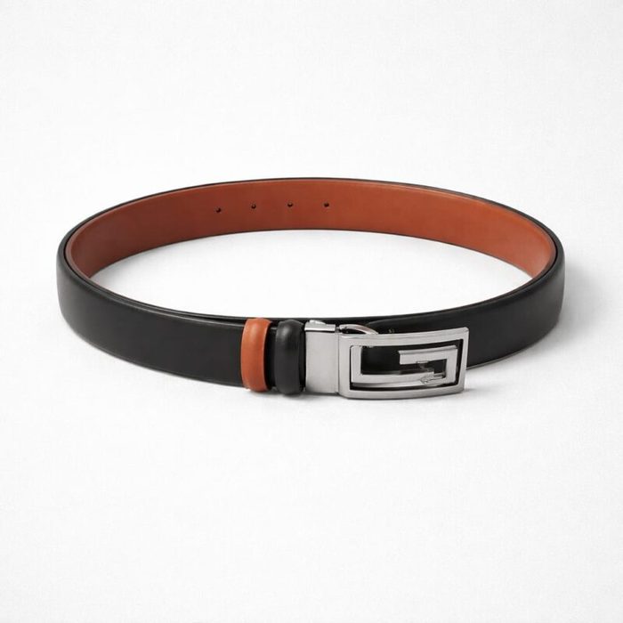 Men’s Classic Dual Tone Geometric Buckle Leather Belt – Black/Brown — image 3