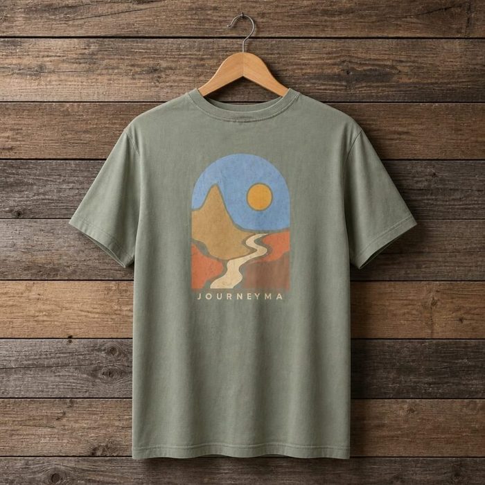 Men’s “Journey” Landscape Graphic Front & Back Crew Neck T-Shirt – Olive Green