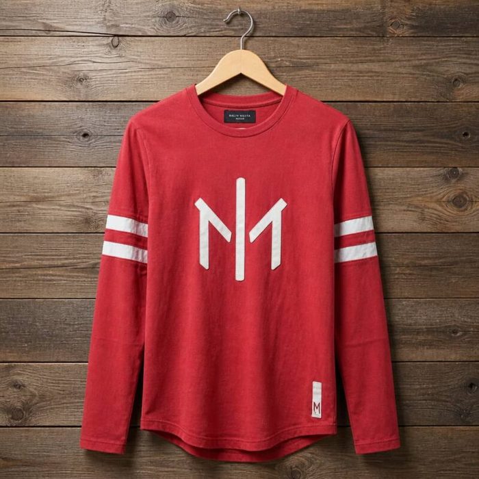 Mens Long Sleeve Crew Neck Graphic T Shirt with Contrast Sleeve Stripes Red White