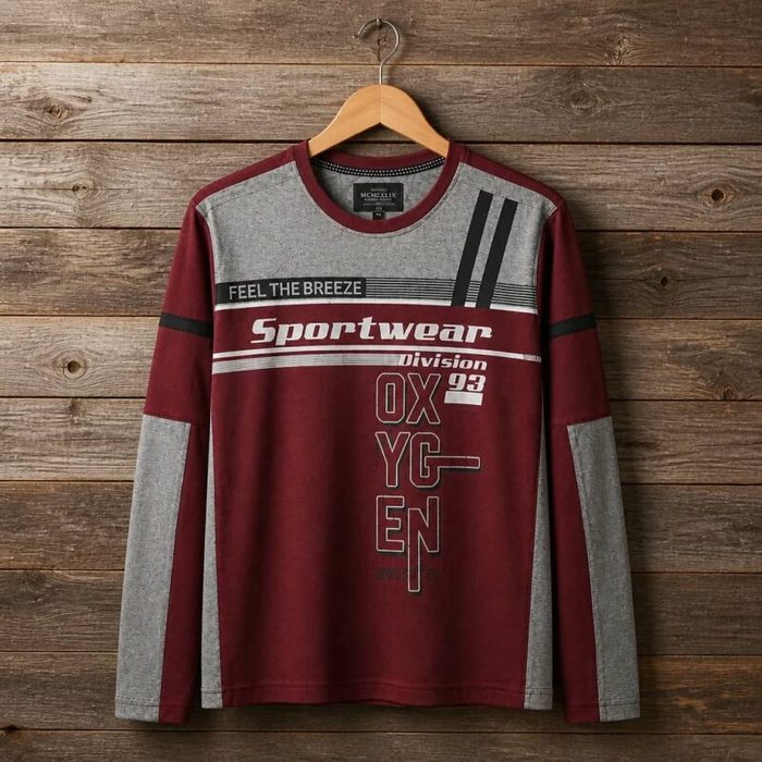 Mens Long Sleeve Graphic Colour Block Crew Neck T Shirt Burgundy Grey