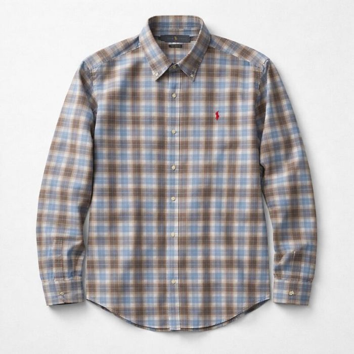 Men’s Long Sleeve Multicolored Plaid Shirt – Blue/Brown/White — image 1