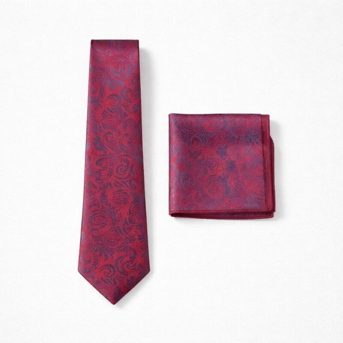 Mens Luxury Paisley Tie Pocket Square Set Burgundy Red Navy Blue