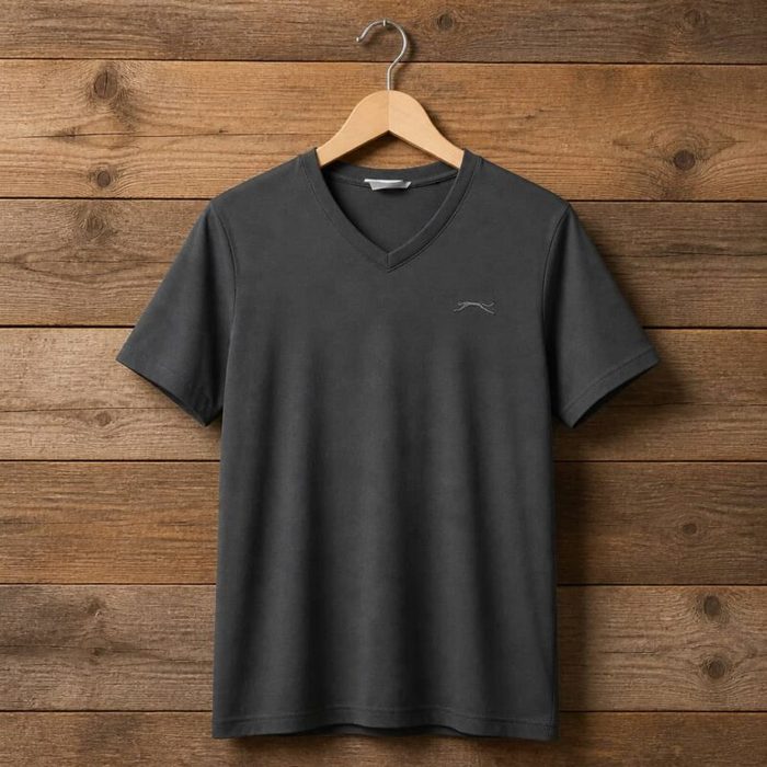 Mens Minimalist Embroidered Logo V Neck T Shirt Charcoal Grey