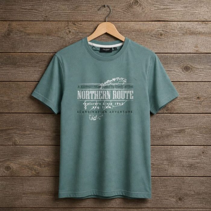 Mens Northern Route Graphic Crew Neck Cotton T Shirt Sage Green