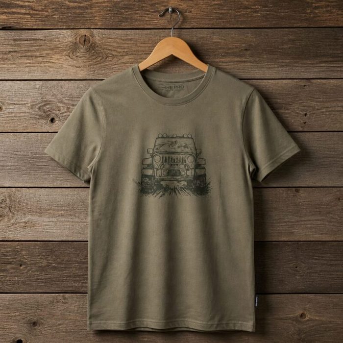 Mens Off Road Jeep Graphic Rugged Adventure Crew Neck T Shirt Olive Khaki