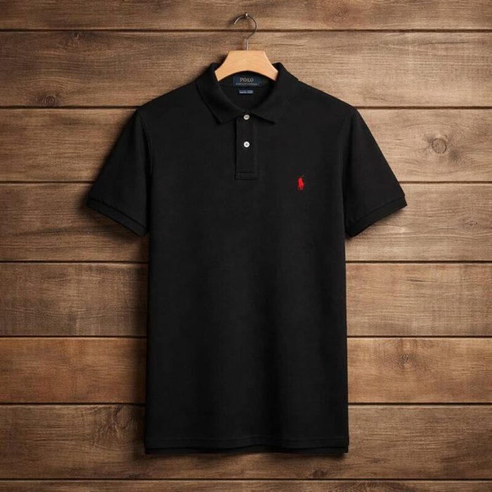 Mens Pique Embroidered Short Sleeve Polo Shirt Black