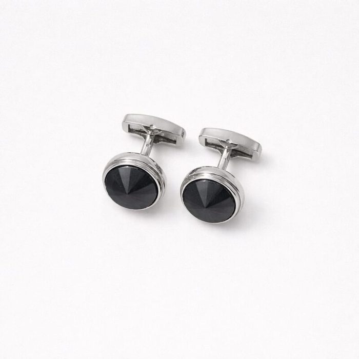 Men’s Polished Silver-Tone Round Cufflinks With Black Faceted Stone — image 1