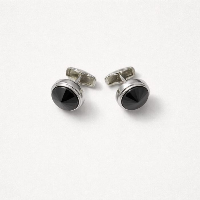 Men’s Polished Silver-Tone Round Cufflinks With Black Faceted Stone — image 3