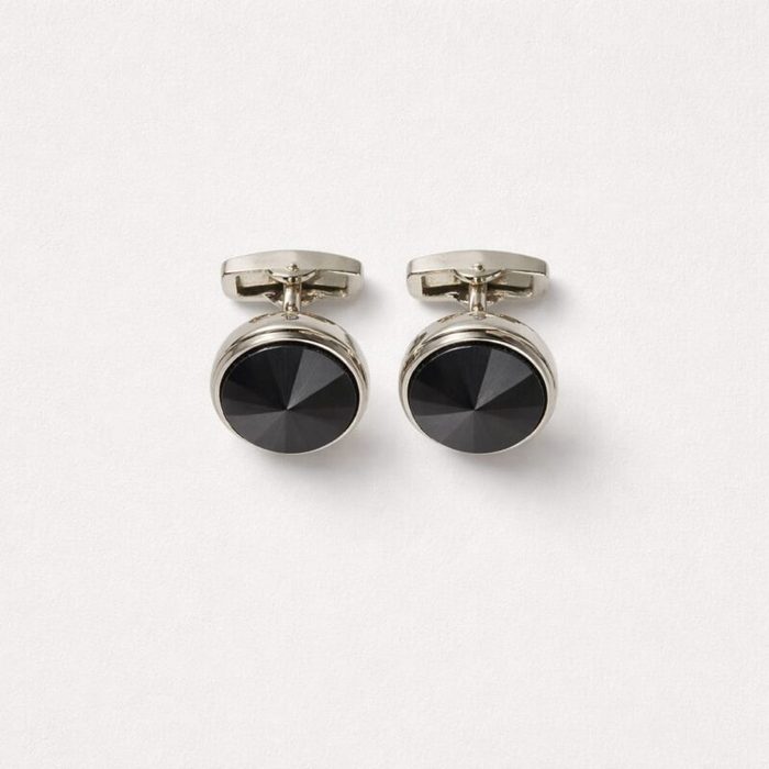 Men’s Polished Silver-Tone Round Cufflinks With Black Faceted Stone — image 4