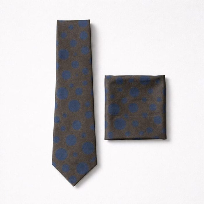 Mens Polka Dot Tie Pocket Square Set Charcoal Brown Navy Blue