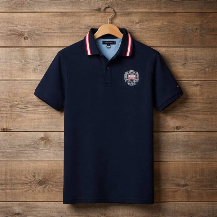 Men’s Contrast Collar Crest Logo Polo Shirt – Navy Blue — image 1