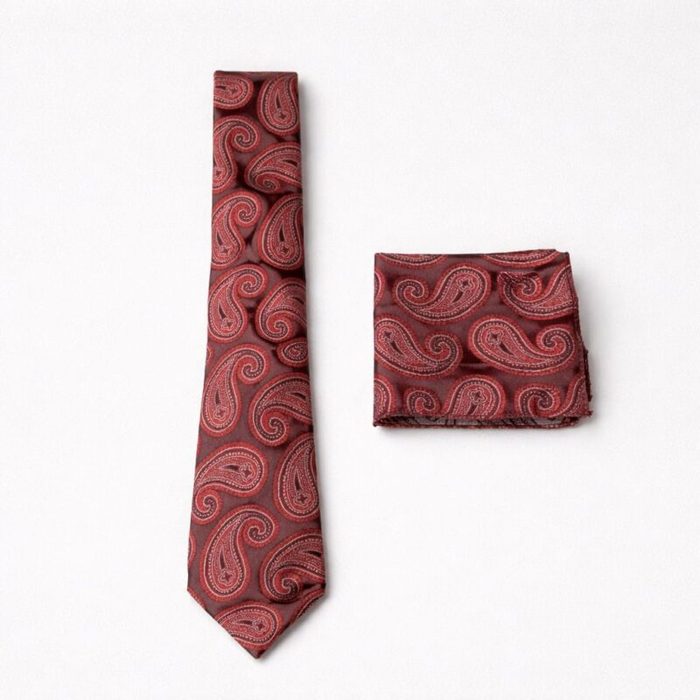 Mens Premium Crimson Red Paisley Jacquard Tie Pocket Square Set