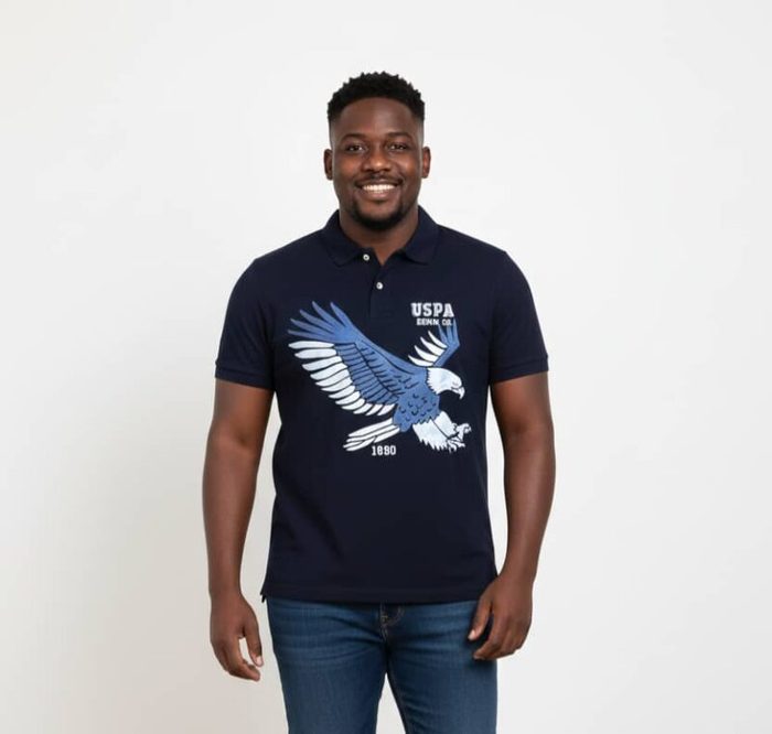 Mens Premium Eagle Graphic Polo Shirt Navy Blue